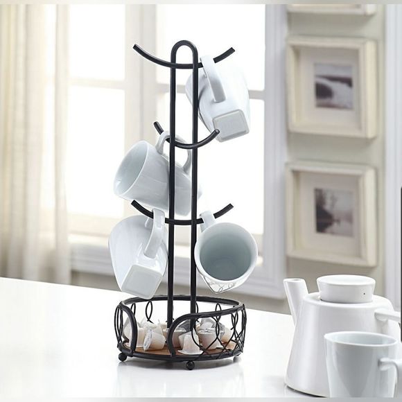 Gahl Heavy Wire Gauge 6 Mug Black Tree Holder w/Storage - 7" D, 7" H, 18.2" L - Picture 3 of 6